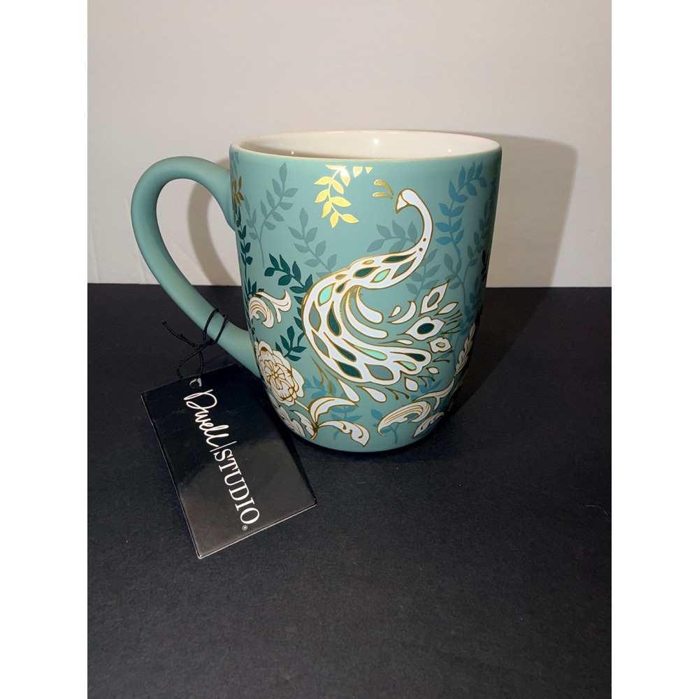 DwellStudio Peacock Floral Coffee Mug Teal Gold Foil Ceramic Tea Cup NEW